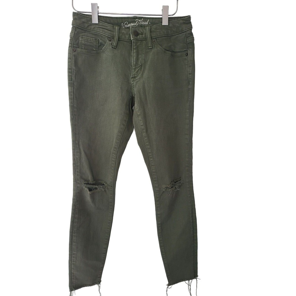 Universal Thread Jeans 0/25R Womens Mid Rise‎ Jegging Green Raw Hem Distressed
